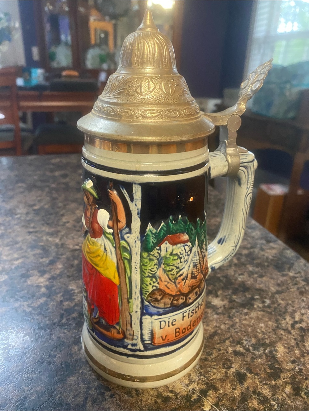 German Beer Stein with Pewter Lid - Multicolor